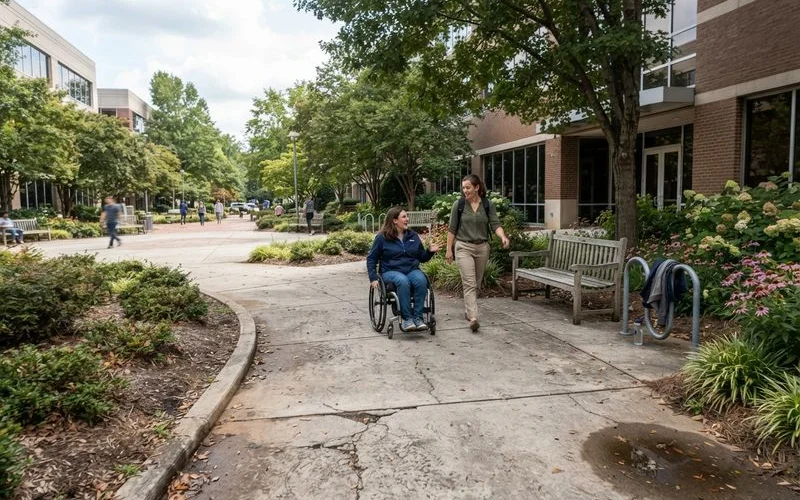 A commercial property entrance with an accessible paved walkway bordered by low, well-maintained landscape plantings