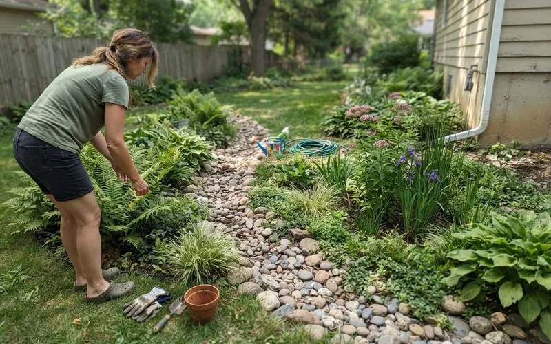 A dry creek bed lined with river rock directing rainwater runoff through a residential yard