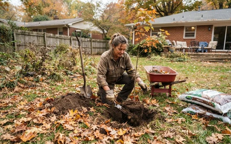 A landscape crew planting young shrubs into a prepared garden bed on a cool fall morning