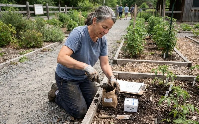 A homeowner reviewing a plant selection guide and soil test results at an outdoor table