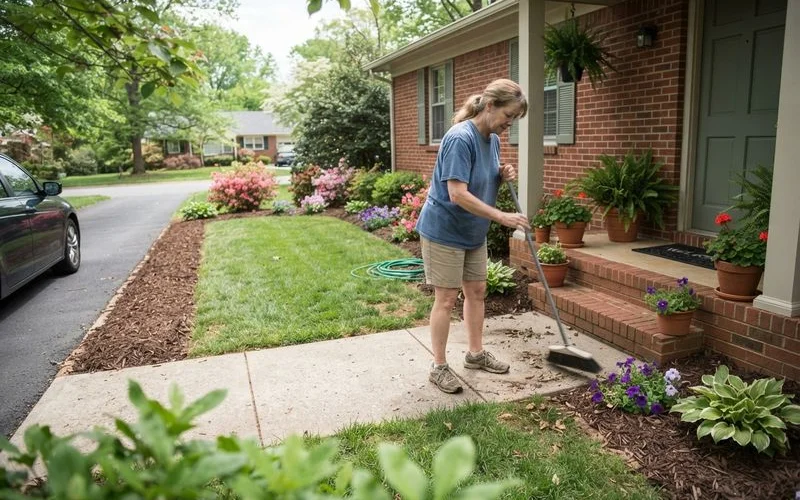 A tidy front yard with fresh mulch, trimmed shrubs, and a clean lawn edge in front of a house with a for-sale sign