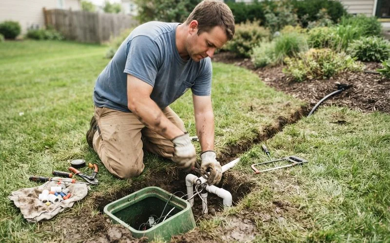 An irrigation technician adjusting a sprinkler valve box in a residential lawn with visible zone wiring