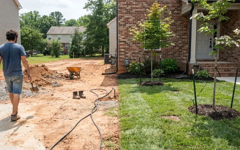 A newly graded bare lot yard next to a completed section with fresh sod and young foundation plantings