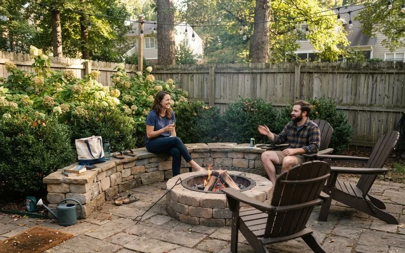 A finished paver patio with a seat wall and built-in fire pit in a Charlotte-area backyard