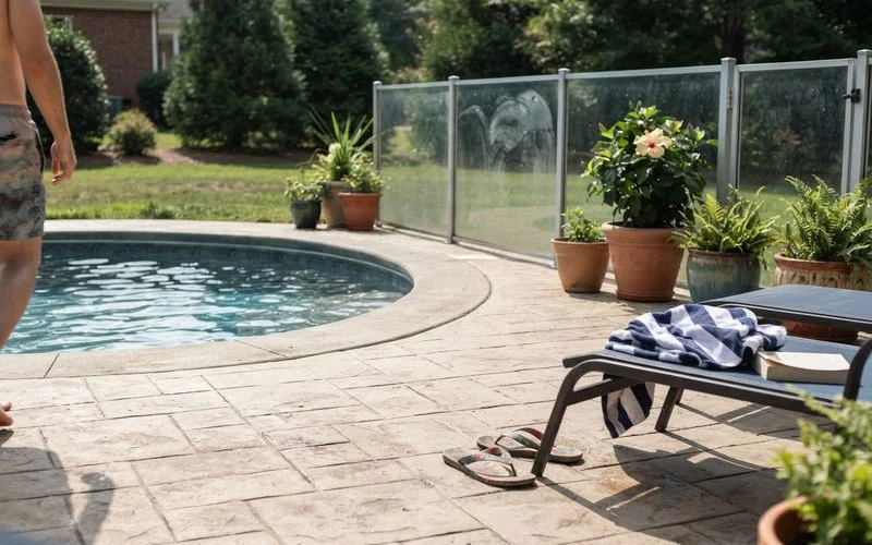 A pool deck with textured, slip-resistant paving and a code-compliant self-latching gate in the surrounding fence
