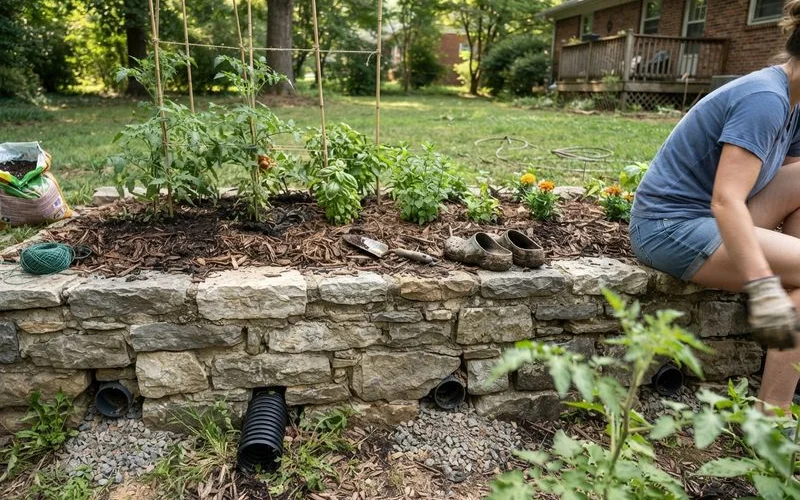 A properly built retaining wall with visible drainage gravel and a drainage pipe outlet along its base