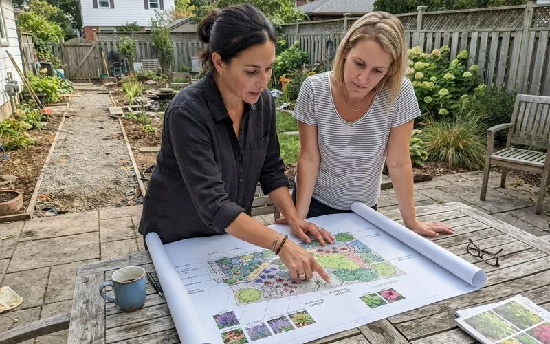 A landscape designer reviewing a scaled yard plan with a homeowner at an outdoor table, pointing at planting bed locations