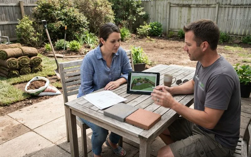 A homeowner and landscape designer standing in a yard reviewing a printed cost estimate and site sketch