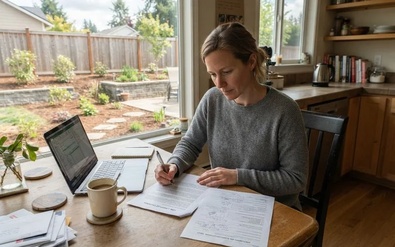A homeowner reviewing a landscape design permit application and HOA architectural review form at a kitchen table