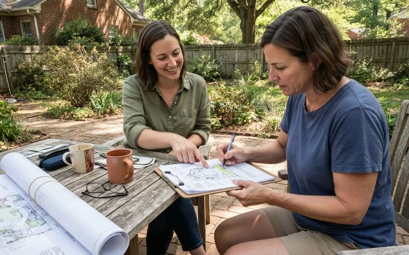 A homeowner and landscape designer shaking hands over a signed written proposal on a clipboard outdoors